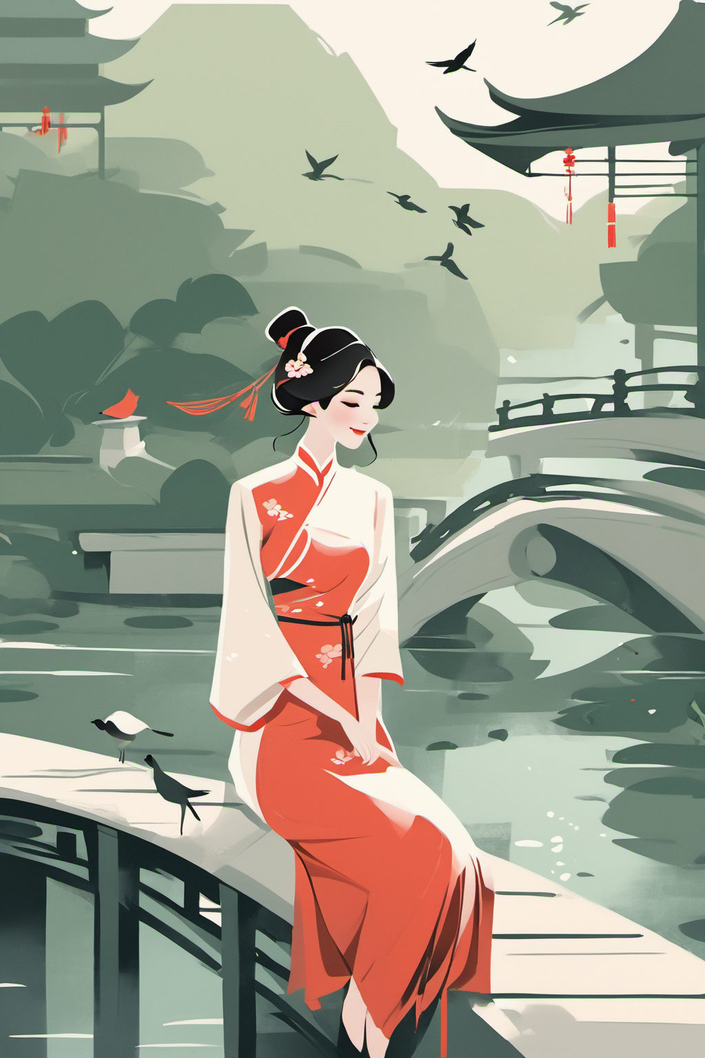 minimalism,1girl, beautiful, smileï¼cheongsam, on the bridge,Courtyard, creek, bird <lora:minimalism:0.9>