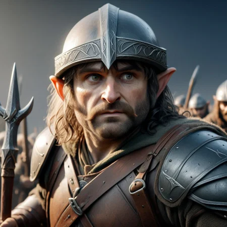 cinematic, shadowofwarstyle, cinematic angle, portrait of a hobbit, wearing a helmet and armor, preparing to go to war, high quality, 4k,
