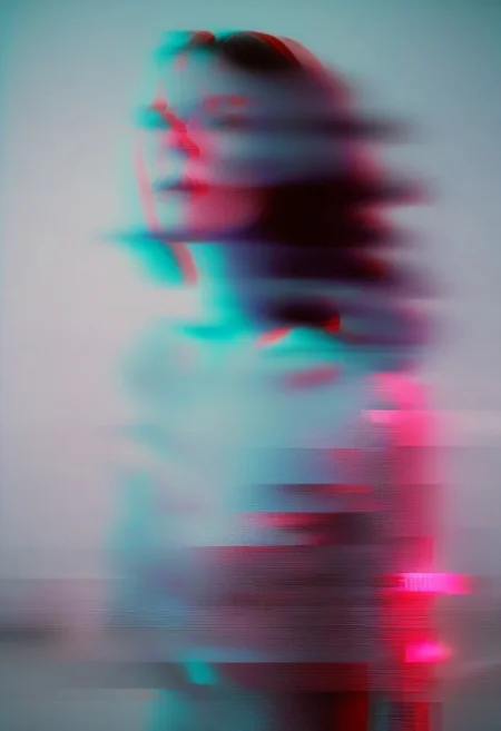(real life, woman floating in space, seductively  looking at the viewer, clean brick red environment, grim style, horror lens effect, jarring optical effect, layered effects, dark shadows, hazy, grainy:1.2), (above pov, a woman looking aroused and eager, shocked, dark space, dark natural natural colors, HDR, 5mm:1.2), (glitch art by (Hans Feurer:1.1) and (Roe Ethridge:1.2)), glowing blue on black, hints of purple