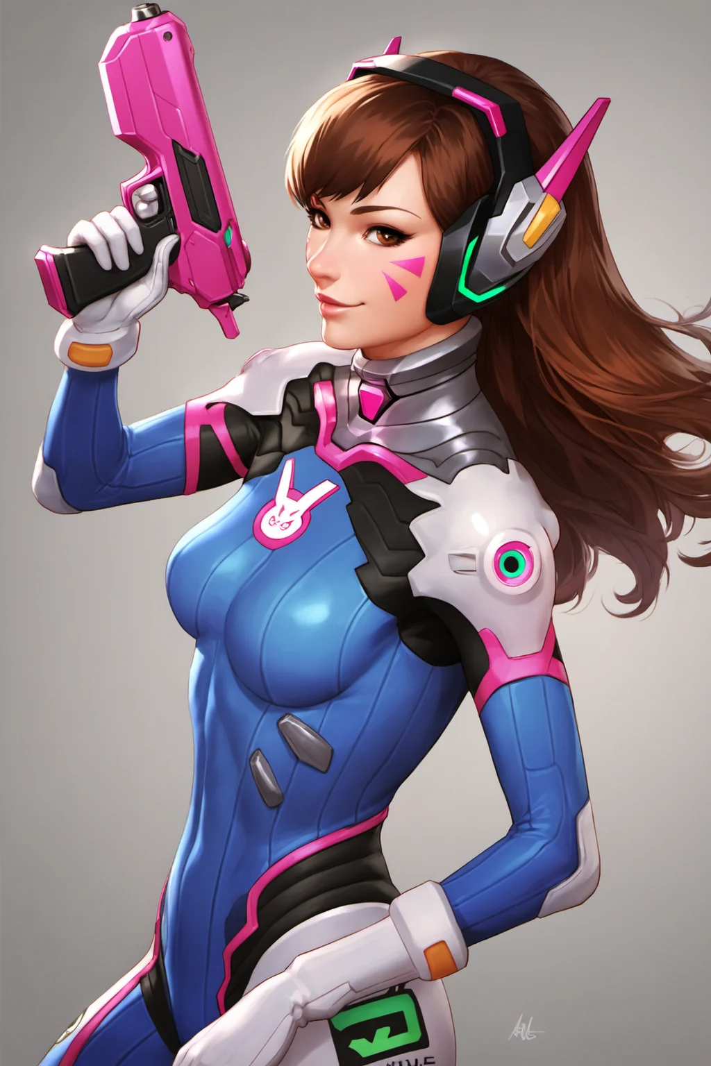 1girl,d.va (overwatch),solo,brown hair,weapon,long hair,gun,bodysuit,mecha,brown eyes,whisker markings,robot,facial mark,gloves,pilot suit,headphones,smile,handgun,white gloves,lips,bangs,holding weapon,standing,holding gun,signature,nose,score_9,score_8_up,<lora:Artgerm_XL_PONY:0.8>,