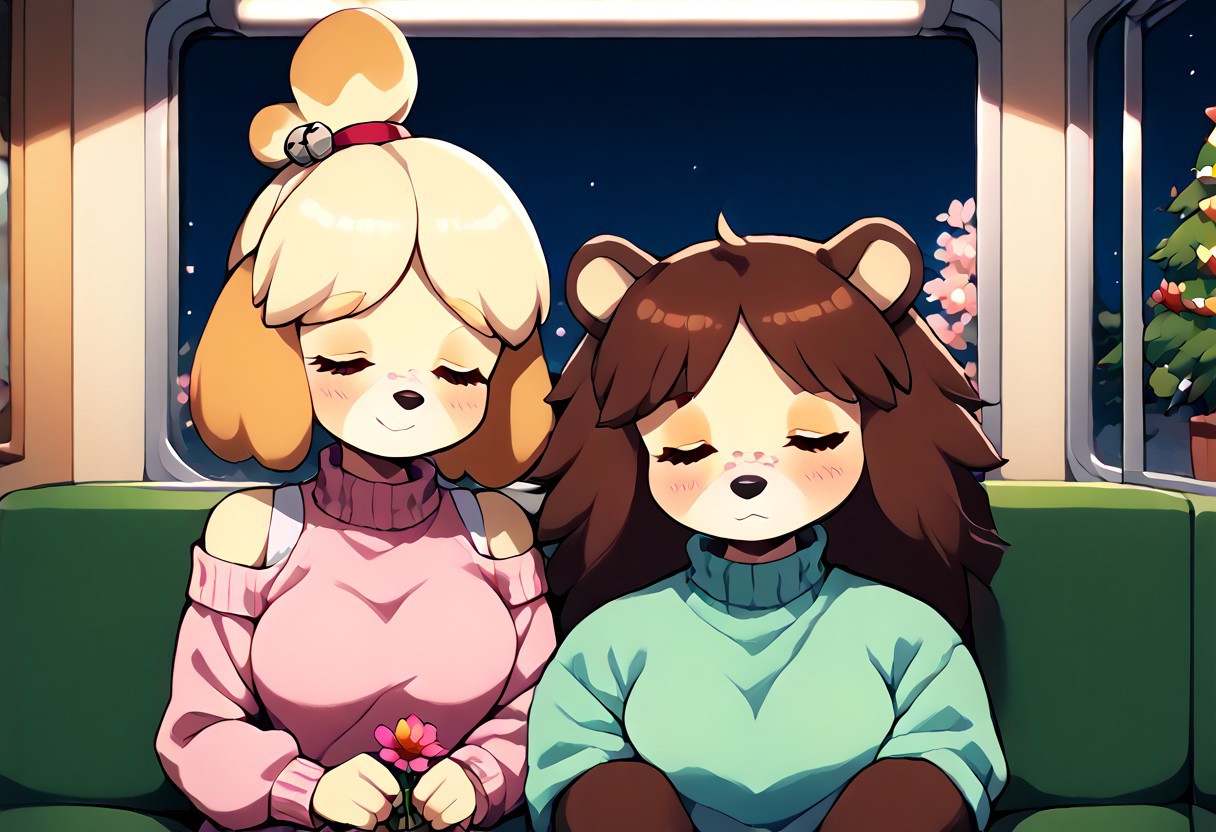 sscore_9, score_8_up, score_7_up, score_6_up, score_5_up, score_4_up, source_anime, source_furry, <lora:leaning-on-person-side-by-side-ponyxl-lora-nochekaiser:1>, leaning on person side-by-side, sitting, hetero, sleeping, couple, train interior, leaning on person, 2girls, couple,  house background, festive, fireplace, cozy, night, christmas tree, BREAK, short, cute, isabelle \(animal crossing\), dog, dog girl, yellow fur, top knot, blush, green sweater, white sweater, bare shoulders, flower, flower on head, pink flower, eyes closed, smiling, BREAK, sable able, brown fur, hedgehog, hedgehog ears, black nose, snout, pink sweater, freckles, striped tail, holding, eyes closed