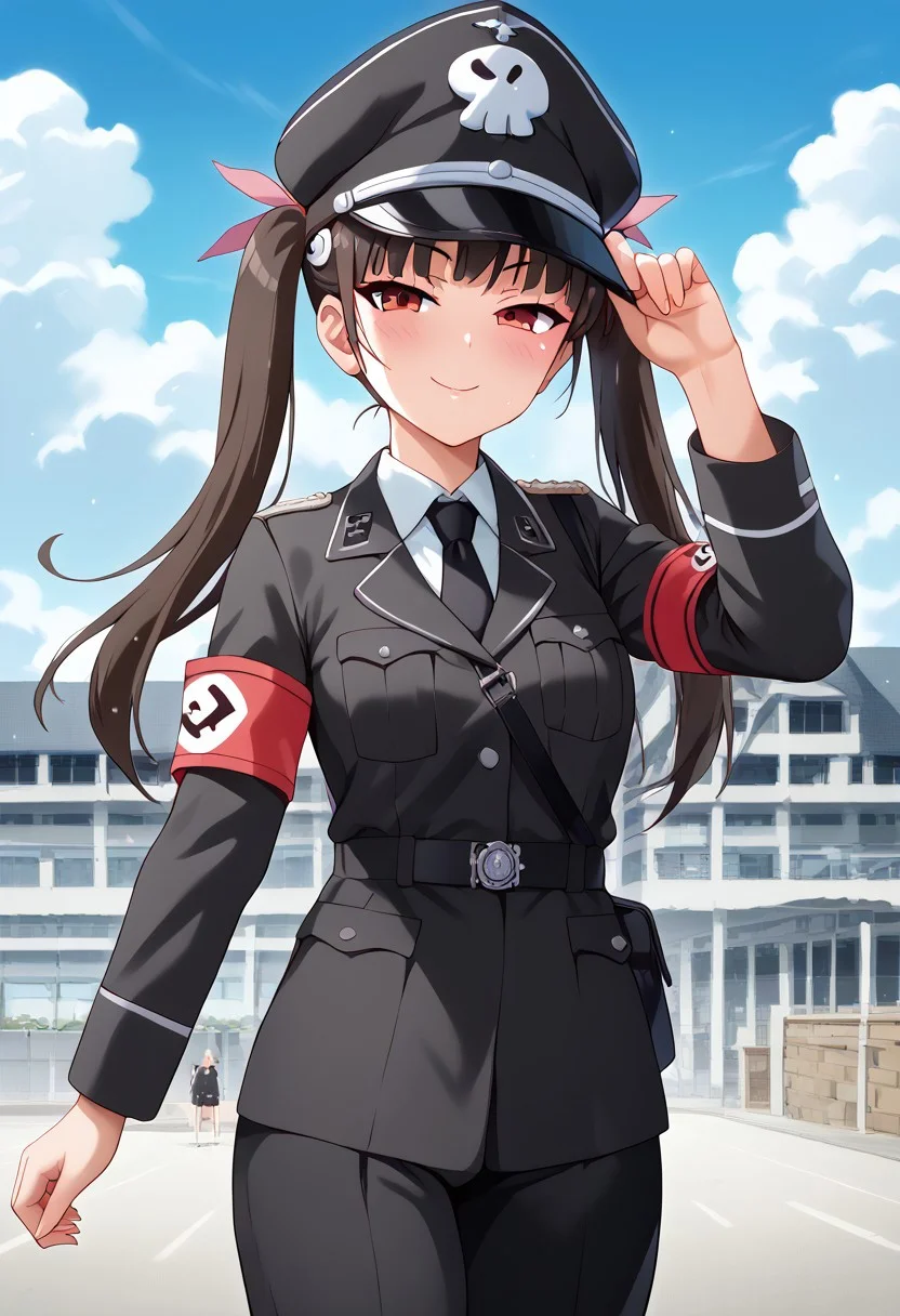 score_9, score_8_up, score_7_up,arekishistyle, hachikuji mayoi, <lora:warden-ponyxl-lora-nochekaiser_r1:1>, skull hat ornament, uniform, military uniform, black uniform, hat, cap, black cap, armband, collared shirt, black necktie, sky, clouds, school building in the background, roman saluting, thick thighs,Expressiveh, naughty face, half-closed eyes, ,detailed background, steaming body,soft skin,shiny skin,sweaty skin,blushed, masterpiece, best quality, absurdres, extremely detailed