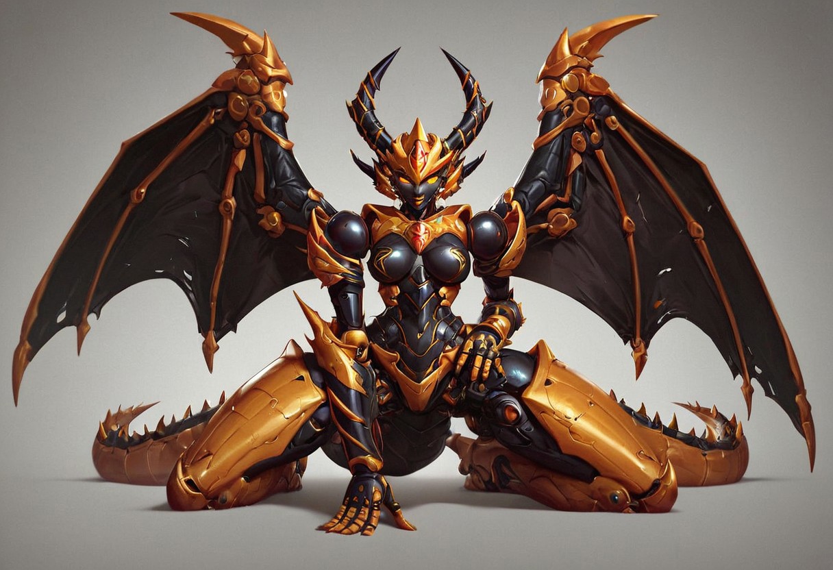 score_9, score_8_up, score_7_up,score_6_up, Expressiveh, 1dk, score_9, solo,  lewd face,  perfection, perfect hands, detailed hands,  1girl, solo, alone, medium breasts, 
 glowing eyes, 
dragongirl, monstergirl, dragon wings, large wings,  wings spread, black wings, 
 long tail, black and gold tail, gold and black wings, dragon tail,  spines on tail,  spiked tail,  long horns,  curved horns, zoomed out
 full body view, on hands and knees,  
glowing eyes, mecha, robot, autobot, glowing eyes,  yellow eyes, black skin,  golden accents, 
mecha, robot, autobot, glowing eyes, black4TF