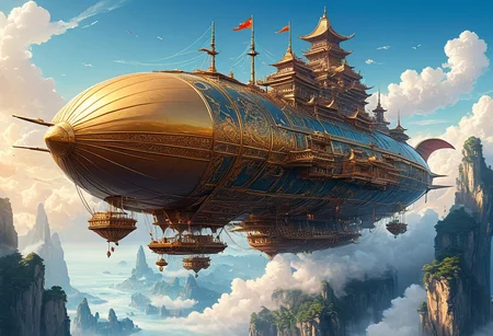 Artwork, cyberpunk, anime,This is a huge and fantastical flying ship designed in the traditional Chinese architectural style. The airship is adorned with intricate cascading roofs, curved eaves and ornate details, resembling a grand palace. The elongated structure of the airship resembles a gigantic ship with multiple decks and floors, seamlessly blending traditional wooden elements with intricate carvings and decorative features. The airship floats majestically in a sea of haze and shimmering clouds, with sunlight pouring through the mist, creating an ethereal atmosphere. Surrounding the airship are towering rock formations that evoke a sense of transcendent grandeur. The overall color palette consists of golden hues from the sunlight and soft blues from the sky and clouds, enhancing the mystical and dreamlike feel of the scene. The intricate details and massive scale of the airship suggest a blend of fantasy and cultural tradition.
