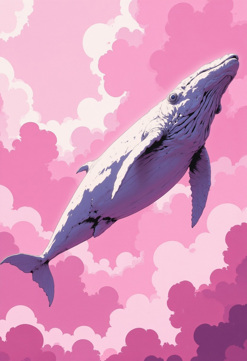 cinematic film still award winning photo .A ivory white whale swimming in a sky full of soft pink clouds,shallow depth of field, vignette, highly detailed, high budget, bokeh, cinemascope, moody, epic, gorgeous, film grain, grainy,anime, cyberpunk, Comic book style