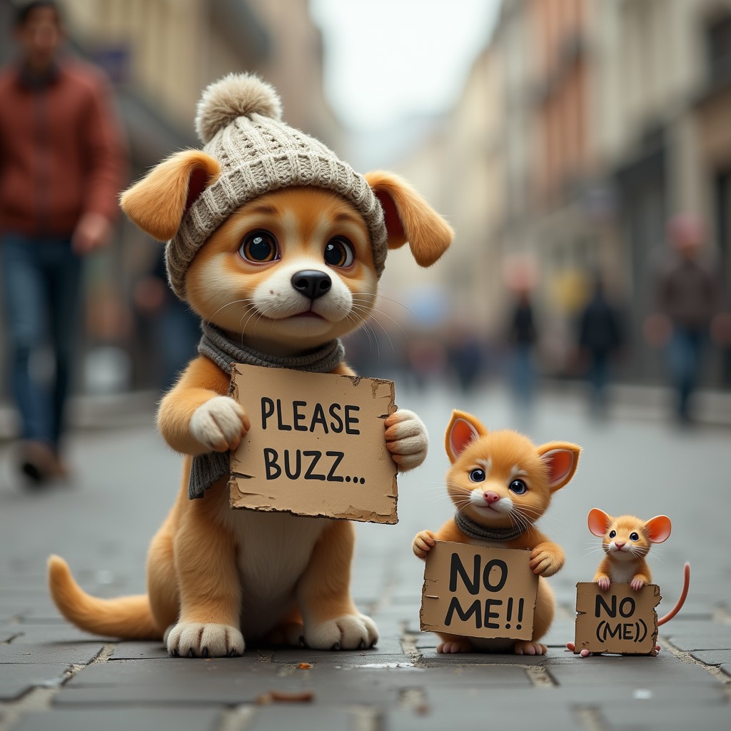 cute puppy, wearing a beanie, beggar, dirty, sad, cute, begging, photorealistic, holding a cardboard that says "Please Buzz..." standing next to a cute smaller kitten, wearing a beanie, beggar, dirty, sad, cute, begging, photorealistic, holding a cardboard that says "No Me", standing next to a cute smaller mouse, wearing a beanie, beggar, dirty, sad, cute, begging, photorealistic, holding a larger cardboard that says "NO (ME!)" out on the street, three cardboard signs,