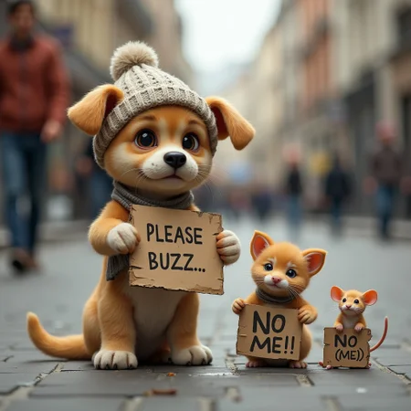 cute puppy, wearing a beanie, beggar, dirty, sad, cute, begging, photorealistic, holding a cardboard that says "Please Buzz..." standing next to a cute smaller kitten, wearing a beanie, beggar, dirty, sad, cute, begging, photorealistic, holding a cardboard that says "No Me", standing next to a cute smaller mouse, wearing a beanie, beggar, dirty, sad, cute, begging, photorealistic, holding a larger cardboard that says "NO (ME!)" out on the street, three cardboard signs,