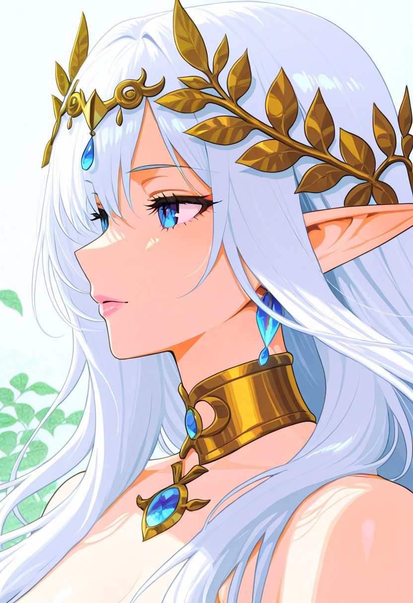 A stunning silver-haired female elf with striking blue eyes, elegantly adorned with a golden laurel headpiece, intricate gemstone jewelry, and a finely crafted choker. She has delicate, ethereal features and a serene expression, embodying grace and mystique. Her long, flowing hair frames her face, her lips are gorgeous luscious and glossy, pink lips, and her pointed ears are adorned with gold and blue crystal earrings. The background is a soft, pure white with gentle green leaves floating around, adding a sense of natural harmony. Rendered in a high-quality anime art style with fine details, soft shading, and a refined color palette, the portrait captures an enchanting fantasy aesthetic in a close-up, side-profile composition.
