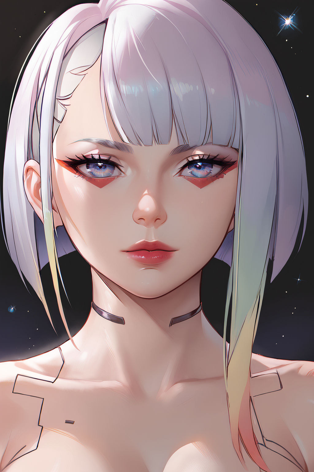 score_9,score_8_up,score_7_up,
<lora:Lucy_Pony:1>,
lucyna,fanart,art style: eye close-up,eye details,(beautiful detailed eyes:1.3),solo,1girl,close-up,bangs,looking at viewer,makeup,portrait,lucy,(cyberpunk),white hair,closed mouth,lips,fingernails,eyelashes,red lips,
blunt bangs,multicolored eyes,eyeliner,red eyeliner,blue eyes,lipstick,black background,eye focus,stars,