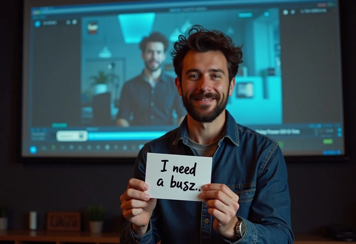 A man wants to edit videos, he just lacks a buzz
Holding a cash register with "I need a buzz" written on it, in the background a film called "AI videos we need a buzz" is being projected