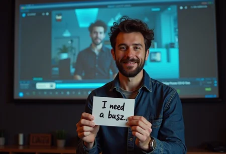 A man wants to edit videos, he just lacks a buzz
Holding a cash register with "I need a buzz" written on it, in the background a film called "AI videos we need a buzz" is being projected