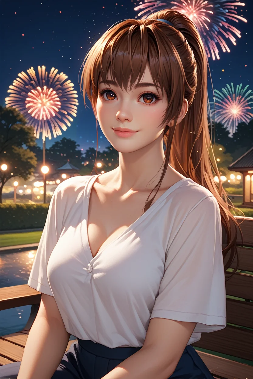 score_9, score_8_up, score_7_up,
<lora:DOAKasumi:0.8>
DOAKasumi, 1girl, brown hair, brown eyes, long hair, ponytail, looking at viewer, sitting, at night, fireworks, park, looking up, smile