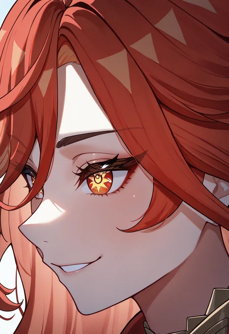 masterpiece, best quality, newest, absurdres, highres, 1girl, mavkdef, symbol-shaped pupils, red eyes, red hair, long hair, ahoge, <lora:Mavuika_illusXLNoobAI_Incrs_v2-000009:1>, close-up, smile,