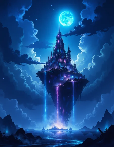 cyberpunk tower on an floating island in the night sky dark storm clouds  engulfing the island,  lightning,  cold moon, waterfall, hologram, neon lights<lora:ck-OneViolentFantasy:0.7> in the style of ck-ovf, <lora:ck-Sommo-Concept-Art:1> A digital painting in the style of ck-js,