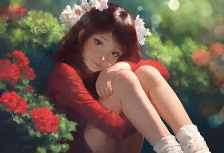 masterpiece, best quality, realistic, oil painting \(medium\), 1girl, intricately detailed, sitting against green bush, red and white flowers, knees up, hugging own legs, socks, light smile, looking at viewer, head tilt, head rest, depth of field, bokeh<lora: 1equals2_V1_6_NoobAI:0.8>