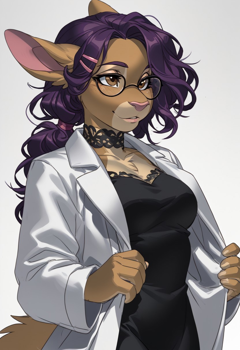 score_9, score_8_up, score_7_up, (by jailbird:1.5), (by kittydee:1.5), (by zummeng:1.5), masterpiece, best quality, (solo),  
(Furry Art: anthro: Aardvark:1.5), 1girl, expressive eyes, feminine eyes, <lora:beautiful_detailed_eyes:1>, perfect face, aardvark, mammal, brown skin, large ears, long nose, brown eyes, ponytail hair, purple hair clips, messy hair bangs, brown eyes, black glasses, medium breasts,  (scienist lab coat :1.5), (black dress:1.5),
