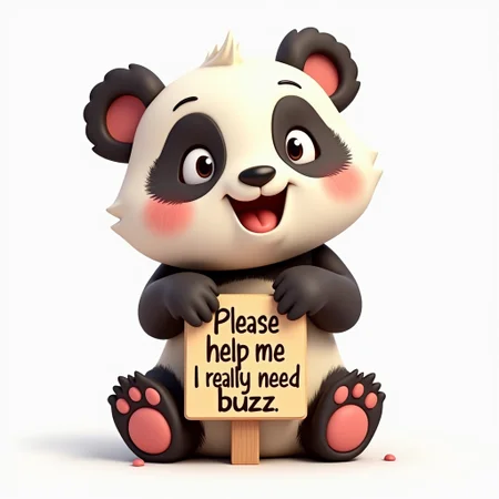A charming 3D cartoon panda with a playful facial expression on a white background holes in its paws a sign with the inscription Please help me I really need buzzz. A young panda in a color scheme. Vector illustration