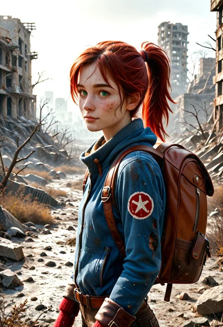 1girl, Masterpiece, 8k, ultra high detail, score_7 up, 
volumetric lighting, vivid colors, vibrant colors,  score_8_up, score_9,  small breast size, sporty red ponytail hair,  fcNeg, stunning green eyes, freckles, white skin, small nose, innocent beauty, slim face,  cute face, skinny body, perfect body, extreme detailed body, intence green eyes,  perfect face, ultra high detailed face, perfect eyes, petite, 
Cold, red dust everywhere, Wandering through ruins, 
Wasteland Tribal_Leather_Parka, fur lined, mittens, hood over head,  wasteland clothes, torn and used clothe, 
Dirty, dirty face, dirty skin, backpack filled with stuff,
  simple_big_brown_leather_backpack_full_with_stuff, 
Post Apocalyptic, big city Wasteland, skyscraper ruins,