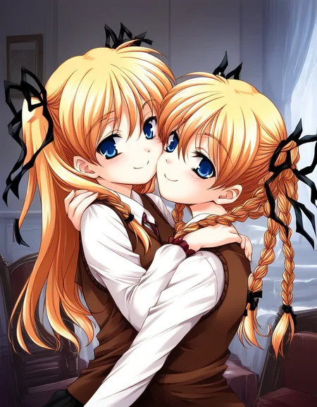 score_9, score_8_up, score_7_up, source_anime, rating_explicit, BREAK <lora:Itsukiï¼Imi_Ver2.0_XL:1> Itsukiï¼Imi, multiple girls, 2girls, blonde hair, twins, siblings, blue eyes, twintails, ribbon, sisters,
break,
twin braids, hair ribbon, long hair, chair,
brown vest, hug, upper body, shirt, smile,
short stack,