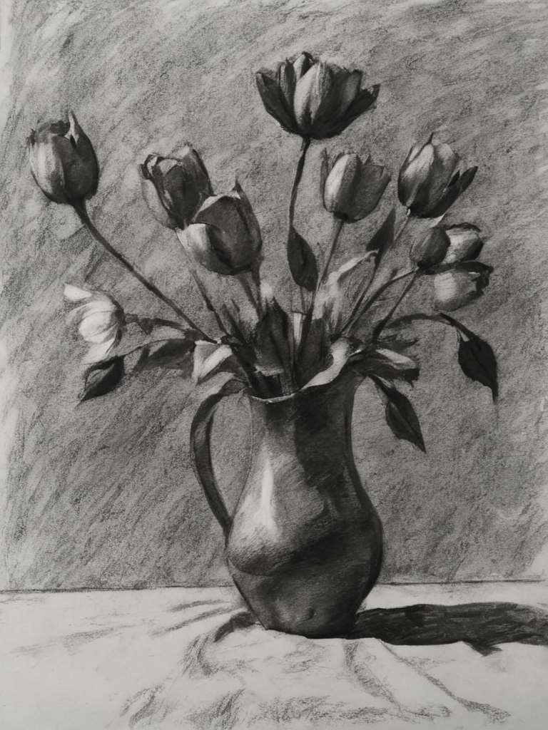 still life, flowers<lora:A_Graphite_Style:1.2> graphite_charcoal, (bold strokes:1.2), (paper grain:1.2), dark background, traditional media, (rough sketch:1.2),