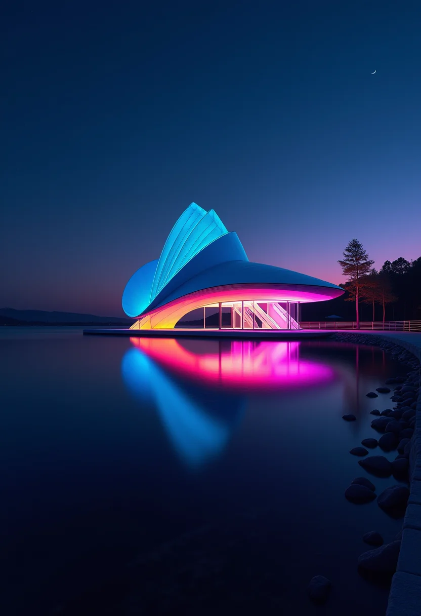 As the clear night gently envelops the tranquil landscape, an architectural jewel of profound mystery emerges from the depths of twilight. Crafted with impeccable precision, this masterpiece plays elegantly with contrasts as it glistens in the semi-darkness. Its slender silhouette, illuminated by ethereal neon tones, is reflected mesmerizingly on the dark horizon. Fine lines of dancing light trace its sinuous contours, blurring the boundaries between illusion and reality. With each delicate hue, the color swirls like an interwoven tapestry of dreamlike mysticism and unwavering artistic allure, inviting the viewer into an ethereal realm beyond imagination. ,<lora:flux/we-neon.safetensors:0.6:1.0>