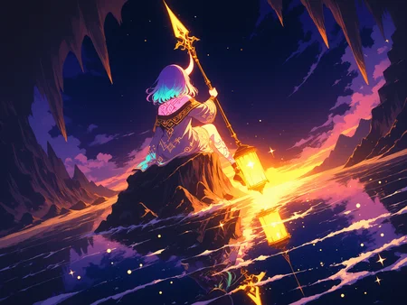 masterpiece,best quality,amazing quality,very aesthetic, anime screencap, anime coloring,  S4bit4mago_illu, wasabi_natsume_illu, digital illustration, no lineart,no outline,dark Fairytale,  limited palette, Bright_illu, LeIsT0_illu, Studio Ghibli Dark Fairytale, Sinozick_illu, solo, 
soft lighting, shadows, soft shadows, shaded, Rim Lighting, light particles,  desert, sand, dunes, dusk, dark Navy blue  theme, 
BREAK
1girl, Split dyed hair, medium hair, twisted_hair, swept_bangs, multicolored eyes, dark yellow eyes, blushing, 18 years old, looking at viewer,  light purple hair, Teal hair, full body tattoo, tattoo, face tattoo, chest tattoo, leg tattoo, arm tattoo,   socks,  anklets, glowing skin, (light magenta skin, colored skin,:1.2), split colored skin,   claw marks, sitting, ,
(solo:1.6), from behind, , dutch angle, from below,, bronze staff, holding weapon, large weapon, colossal weapon, oversized weapon,, fighting pose,   cute pose, 
BREAK
ornate print, light brown lace mismatched Capelet, single horn,
light Gold Chiffon patterned robe, chocolate sateen luxurious Track pants, 
 off shoulder,   
patterns, circles,  asymmetric, mismatched, 
iron walls, gold mosaic floor,   gothic architecture,   lantern, mounted weapons, interior,
ravine, walls, towering rock cliffs, 
ocean, water, large waves, vast, deep water, horizon, powerful waves, foam, mist, waves break, reflections, distant rocky outcrops, motion of the ocean, 
<lora:StS-Illustrious-Detail-Slider-v1.0:2> <lora:add-detail-xl:2> <lora:fashiongirl-v1-ILXL:1> <lora:LeIsT0_style:1> LeIsT0_illu <lora:Bright_style:1> Bright_illu,sparkle,too many light particles <lora:xl_more_art-full_v1:0.4> <lora:wasabi_natsume_style_r1:0.4> <lora:Obsidian_skin:0.2> <lora:INCASE_v2.0:0.4> BSSINCASE,  <lora:NLSTN-IL:0.2> nlstn,  glowing, dark,