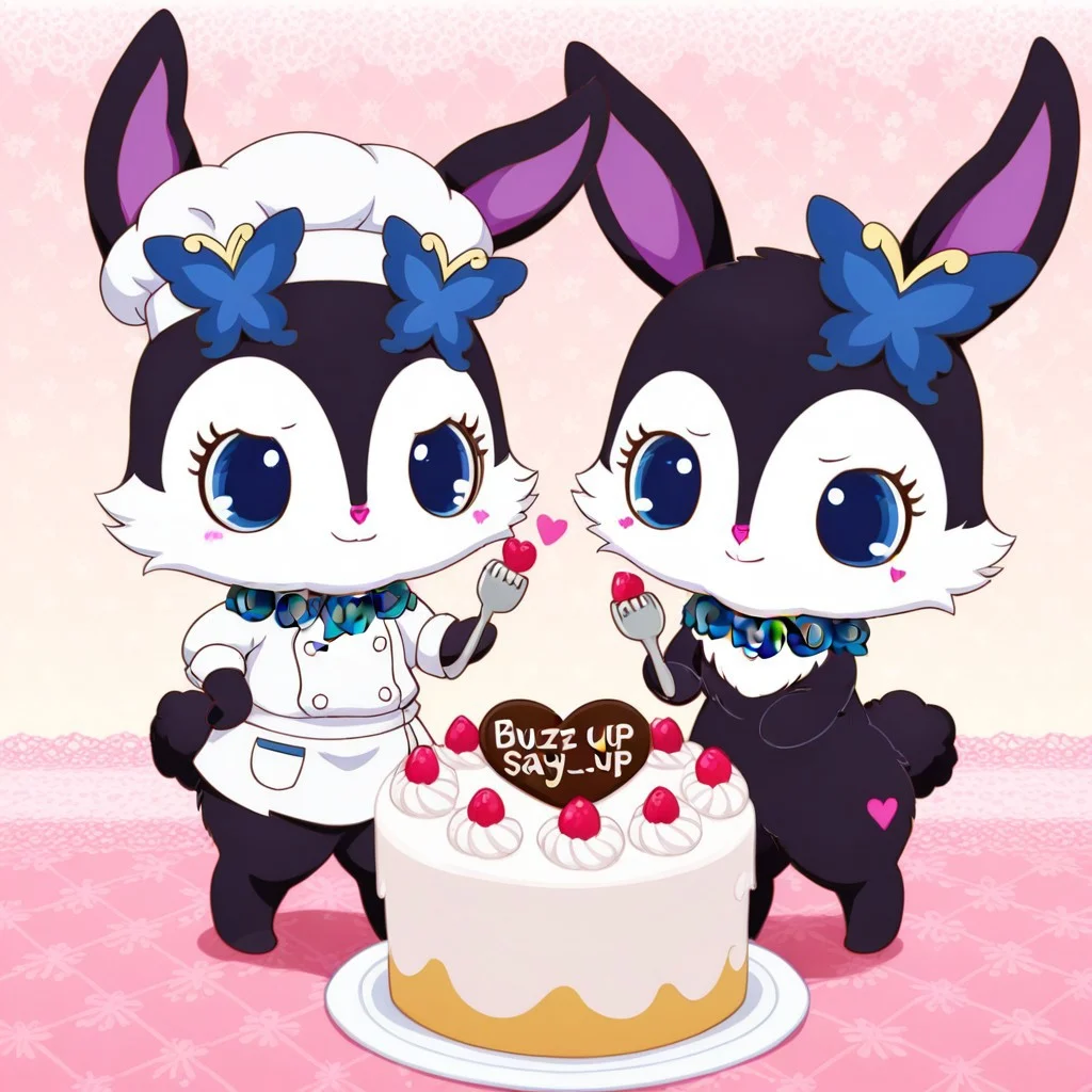 score_9, score_8_up, score_7_up, score_6_up, score_5_up,
best quality, masterpiece, smirks, Full Body, Romantic, Small Body, Furry, looking_pleasured, duo, female/female, 2girls, kitchen, chefs hat, chefs shirt, chefs skirt, rubyjp, no humans, rabbit, chibi, furry, hair ornament, necklace, jewelry, chest fur, white fur, chef outfit, holding a sign that say " buzz cake", largest cake, luea, feral, blue eyes, rabbit, furry, rabbit ears, black fur, purple inner ear, white chest fur, white face, chibi, body fur, (blue butterfly hair ornament), (blue rose necklace), chef outfit, large cake, writing on cake say "buzz cake",