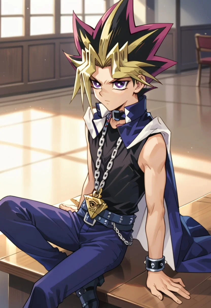 score_9, score_8_up, score_7_up, score_6_up, highly detailed,Good Colors, Good Shading, Good Eyes, Contrast Shading, male focus, alone, Yami Yugi, spiked hair,black hair, blonde hair, multicolored hair, purple eyes, choker, chain necklace, millennium puzzle, black sleeveless shirt, blue jacket, jacket on shoulders, bracelets, belt, blue pants, black shoes, museum