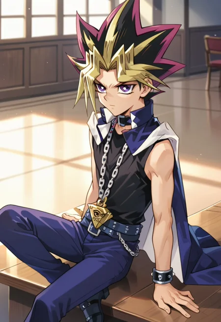 score_9, score_8_up, score_7_up, score_6_up, highly detailed,Good Colors, Good Shading, Good Eyes, Contrast Shading, male focus, alone, Yami Yugi, spiked hair,black hair, blonde hair, multicolored hair, purple eyes, choker, chain necklace, millennium puzzle, black sleeveless shirt, blue jacket, jacket on shoulders, bracelets, belt, blue pants, black shoes, museum
