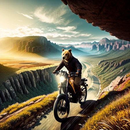a bear riding a monocycle down a steep mountain path,  splash art, fantastic comic book style, (wide open landscape:1.7), (warm colors:1.1), natural skin texture, 24mm, 4k textures, soft cinematic light, adobe lightroom, photolab, hdr, intricate, elegant, highly detailed, sharp focus, ((((cinematic look)))), soothing tones, insane details, intricate details, hyperdetailed, high contrast, soft cinematic light,  hdr, faded