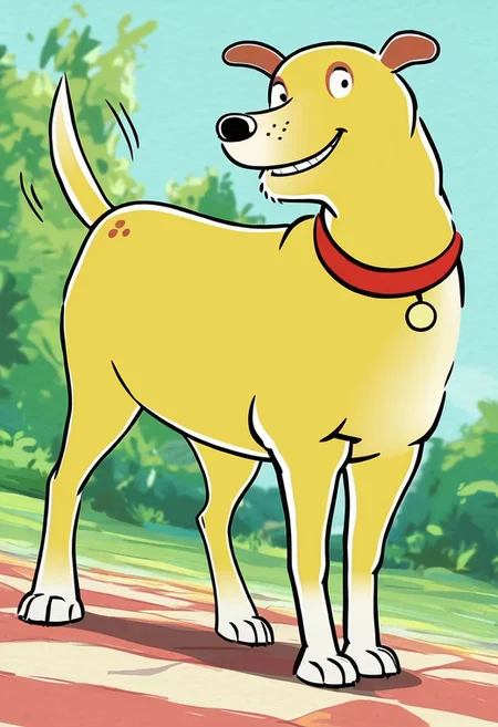 score_9, score_8_up, score_7_up, solo, looking at viewer, mrthaspks, dog, yellow fur, brown ears, black nose, red collar, canine, feral, black eyes, round eyes, playful pose, happy, panting, tail wagging, (waist up),  close up, full body, low angle, dutch angle
BREAK
backyard, blue sky, blurry background