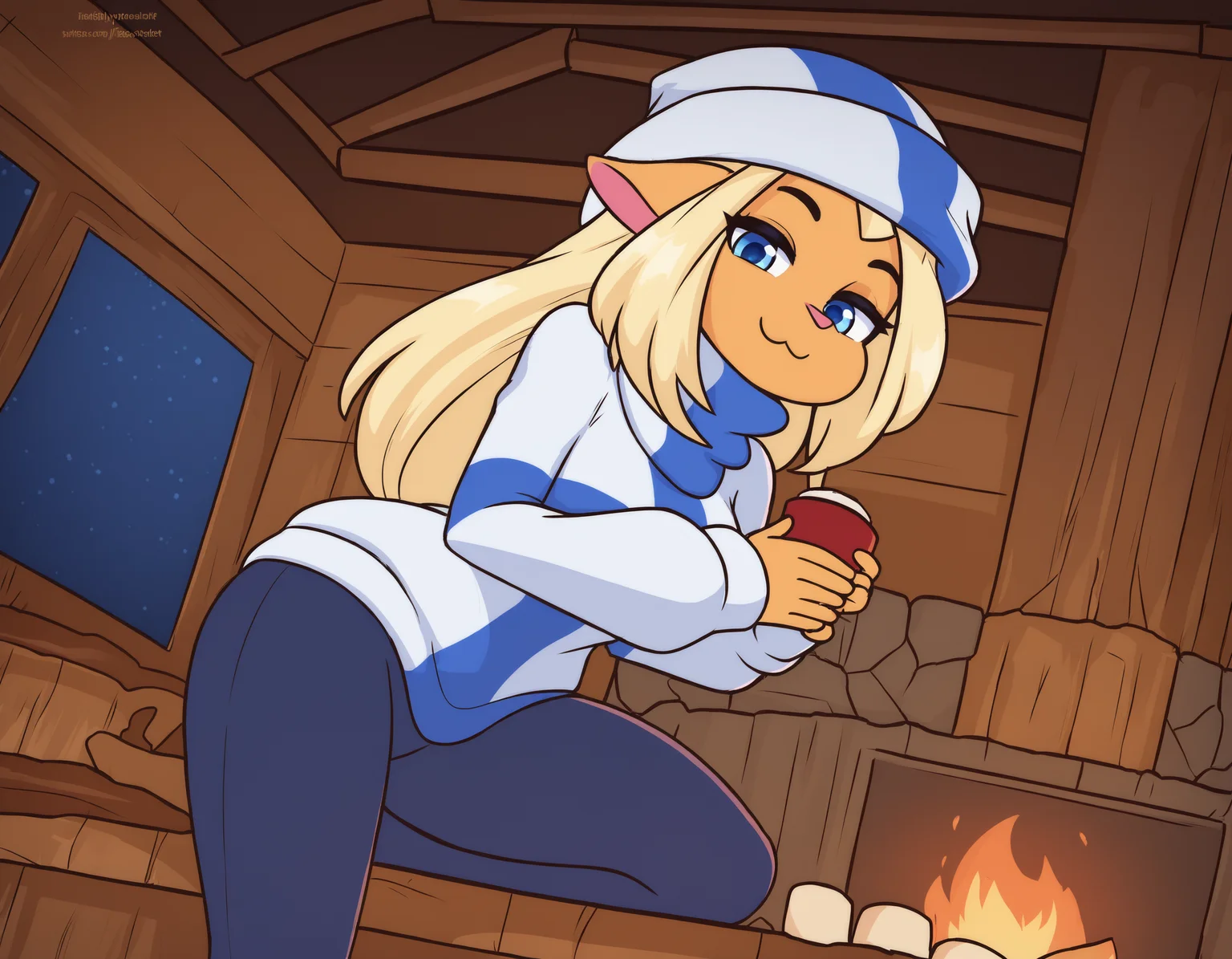 (artist: merunyaa:1), (artist: twistedscarlett60:1), (artist: maidcousin:1), (artist: shaggy susu:1),
masterpiece, best quality, newest, absurdres, highres, detailed background,
detailed background, night time, indoors, fireplace, log cabin,
1girl, solo, mimmisuomi,
blonde hair, long hair, sidelocks, medium breasts, blue eyes,
cowboy shot, standing on one leg, looking at viewer, :3, half-closed eyes, sweater, yoga pants, flag print, finnish flag, beanie, holding cup, hot chocolate,
<lora:mimmi 2550 steps:1>