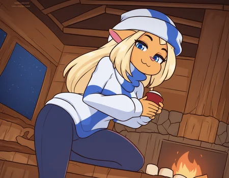 (artist: merunyaa:1), (artist: twistedscarlett60:1), (artist: maidcousin:1), (artist: shaggy susu:1),
masterpiece, best quality, newest, absurdres, highres, detailed background,
detailed background, night time, indoors, fireplace, log cabin,
1girl, solo, mimmisuomi,
blonde hair, long hair, sidelocks, medium breasts, blue eyes,
cowboy shot, standing on one leg, looking at viewer, :3, half-closed eyes, sweater, yoga pants, flag print, finnish flag, beanie, holding cup, hot chocolate,
<lora:mimmi 2550 steps:1>