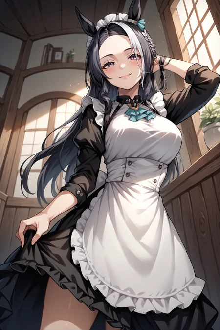 score_9, score_8_up, score_7_up, , rating_general,1girl , rmnsd, horse girl, multicolored hair, streaked hair, ear ornament, mole under eye,  maid headdress, maid, long long hair,  dynamic angle , source_anime,  cowboy shot, indoors, naughty face, smile, <lora:MejiroRamonuPDCAMEv3 UMA:1>, full body, from side,