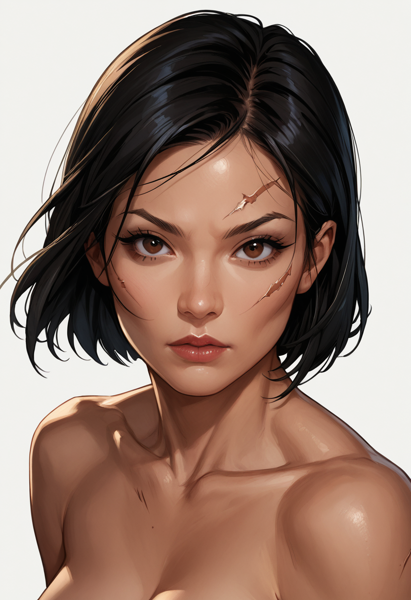 score_9, score_8_up, score_7_up, score_6_up, 1girl, zoom out, looking at viewer, solo, simple background, white background, dynamic pose, 1girl, cassandra-wayne, asian, chinese, black hair, brown-eyes, short hair, scar, nude,