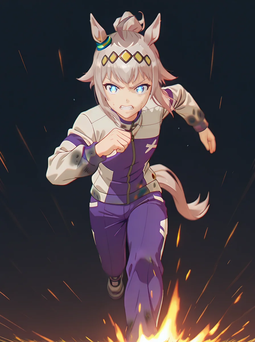 masterpiece, best quality, amazing quality, very aesthetic, absurdres, newest, <lora:Xeno2StyleV2:1>xeno2style <lora:Oguri Cap_illustrious:1>oguri cap \(umamusume\),ponytail,blue eyes,ahoge,white hair,horse ears,dirty clothes,shoes,purple pants,tail through clothes,track jacket,horse tail, running, motion blur, wind running, clenched teeth, black background simple background, sweat angry dilated pupils, , glowing eyes, fire in eyes, intense gaze abstract background, dramatic lighting