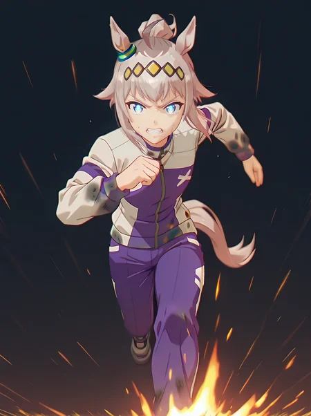 masterpiece, best quality, amazing quality, very aesthetic, absurdres, newest, <lora:Xeno2StyleV2:1>xeno2style <lora:Oguri Cap_illustrious:1>oguri cap \(umamusume\),ponytail,blue eyes,ahoge,white hair,horse ears,dirty clothes,shoes,purple pants,tail through clothes,track jacket,horse tail, running, motion blur, wind running, clenched teeth, black background simple background, sweat angry dilated pupils, , glowing eyes, fire in eyes, intense gaze abstract background, dramatic lighting
