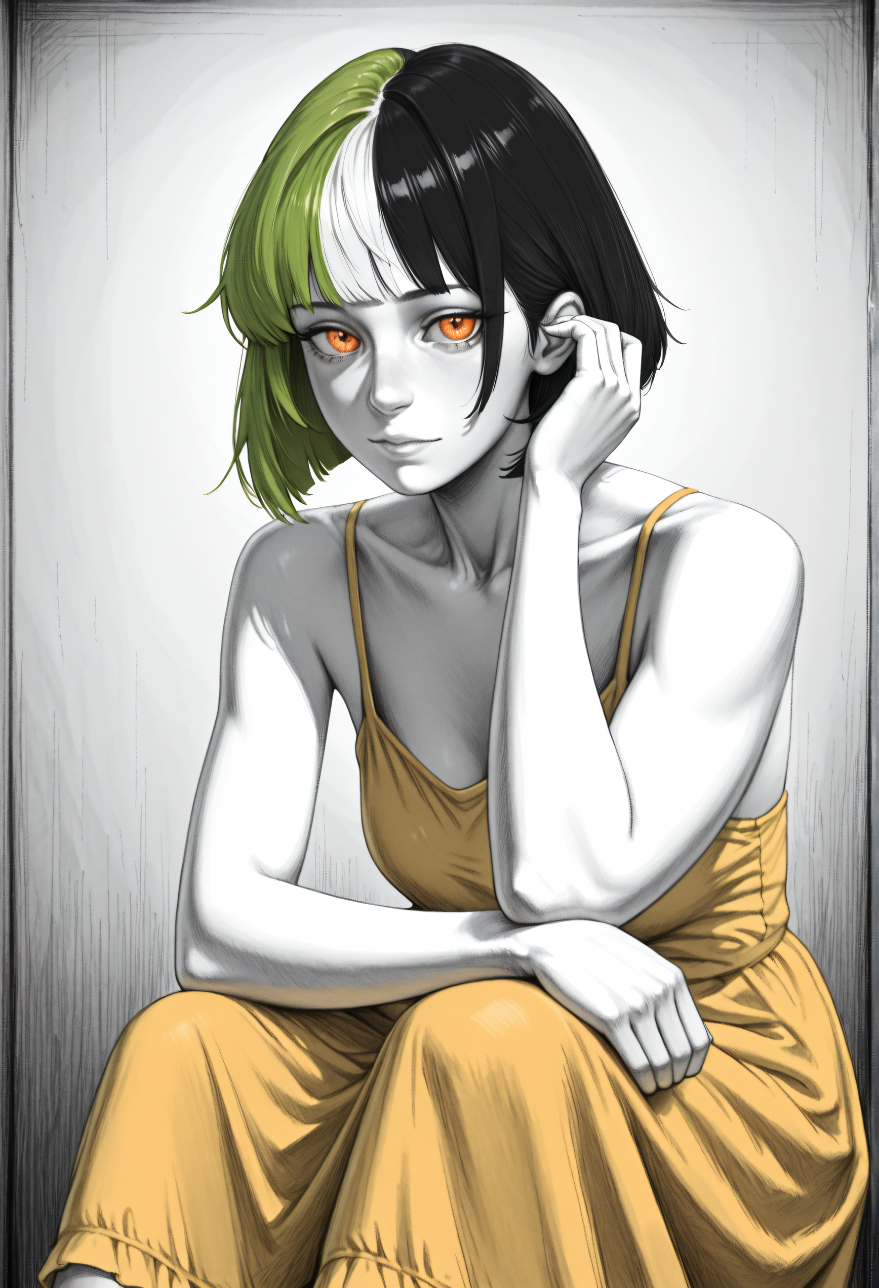 yellow sundress, sleeveless, tucking hair, elbow on knee, very awa, masterpiece, best quality, highres, absurdres, <lora:SketchArtV2:1>, greyscale, monochrome, sk3tch, hatching/(texture/), <lora:NSMelionPalHairIllu:1>, NSMelionPalHair, green hair, black hair, white hair, multicolored hair, orange eyes, bob cut