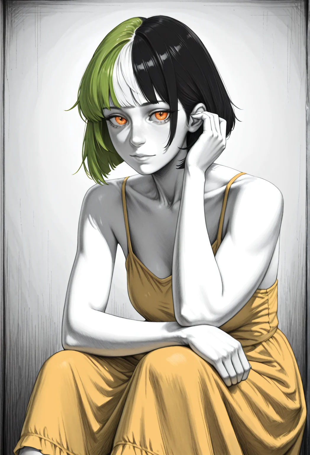 yellow sundress, sleeveless, tucking hair, elbow on knee, very awa, masterpiece, best quality, highres, absurdres, <lora:SketchArtV2:1>, greyscale, monochrome, sk3tch, hatching/(texture/), <lora:NSMelionPalHairIllu:1>, NSMelionPalHair, green hair, black hair, white hair, multicolored hair, orange eyes, bob cut