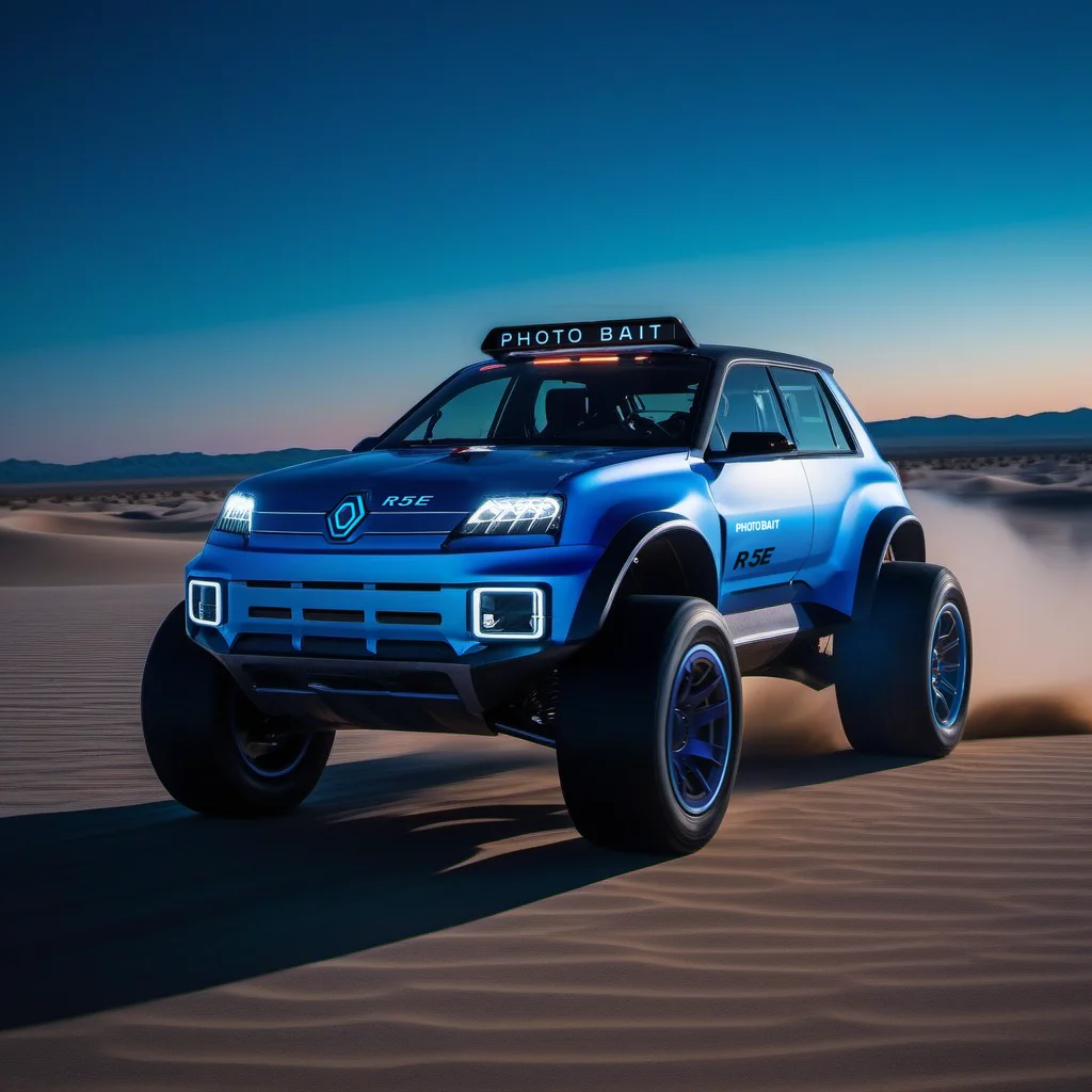 Long exposure photo of R5e1024, an pearly blue electric monstertruck car, (((text ''PhotobAIt"))), desert, photography, ultra sharp, film, professional, 64k <lora:add-detail-xl:1.5> <lora:R5e1024:0.8> . Blurred motion, streaks of light, surreal, dreamy, ghosting effect, highly detailed
