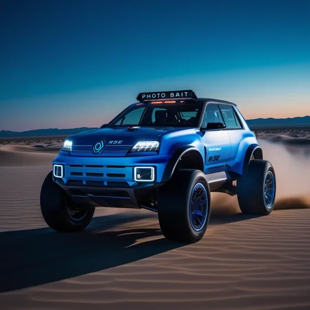 Long exposure photo of R5e1024, an pearly blue electric monstertruck car, (((text ''PhotobAIt"))), desert, photography, ultra sharp, film, professional, 64k <lora:add-detail-xl:1.5> <lora:R5e1024:0.8> . Blurred motion, streaks of light, surreal, dreamy, ghosting effect, highly detailed