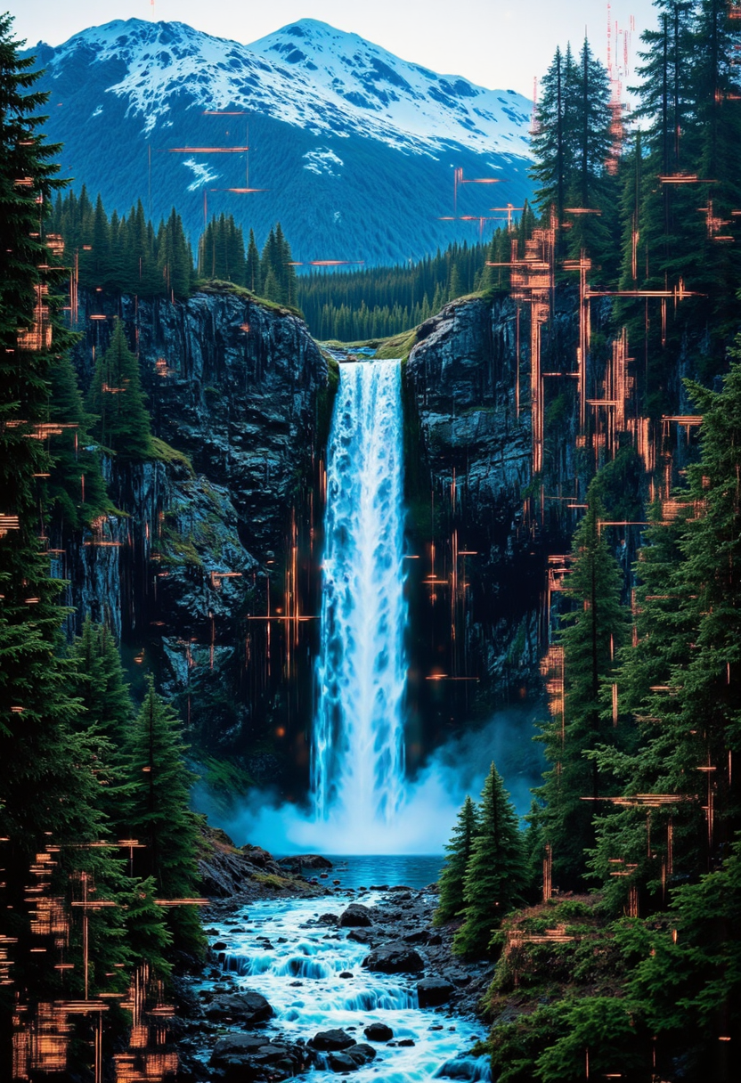 Create a highly detailed, high-resolution image of an hologram projecting an breathtaking scene - a majestic waterfall in a pristine winter landscape. Evergreen trees surround both sides of the falls and the river below ,the water returning to it's serene state after the violent fall from above. Far beyond the waterfall,snow-capped mountains are visible through low clouds.
Vertical glitches where the hologram is failing are showing the circuits behind the image, fragments of neon blue and green circuitry and pulsing blue energy lines reveal themselves. These technological anomalies add an intriguing layer of depth and complexity to the otherwise breathtaking natural scenery.,<lora:flux.1_lora_flyway_Epic-detail_v2:0.8>,<lora:Glitchcore_Flux:1.4>,gl1tchc0re,glitch,glitched,glitched graphic,abstract glitch,glitch texture,<lora:bo-digitalabstract:1.2>,bo-digitalabstract, <lora:Glitch Style:0.8> glitch, flickering, digital, glitch style