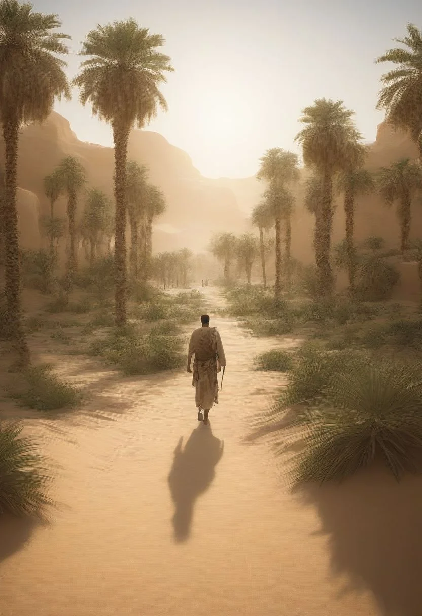 man walking through the oasis, 8K, realistic, masterpiece,