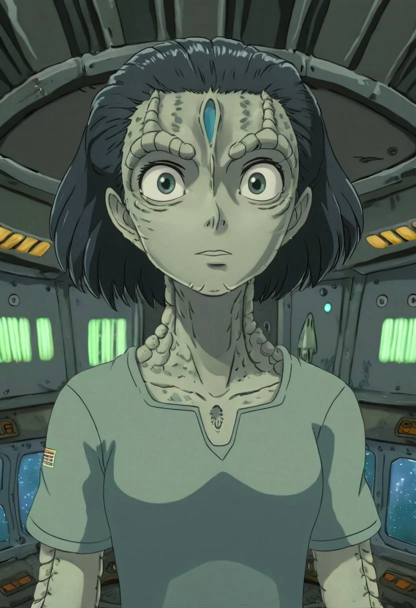 Studio Ghibli Style anime scene of an 18 year old female c4rd45514n alien, forehead crest, ridges, scales, grey skin, space station background, cleavage