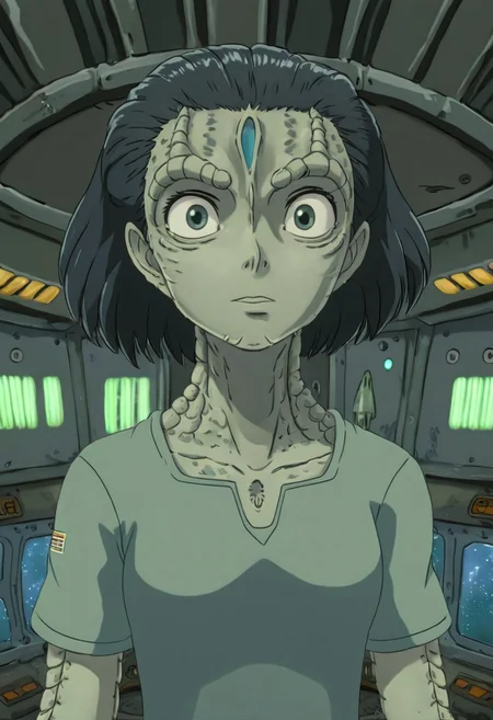 Studio Ghibli Style anime scene of an 18 year old female c4rd45514n alien, forehead crest, ridges, scales, grey skin, space station background, cleavage