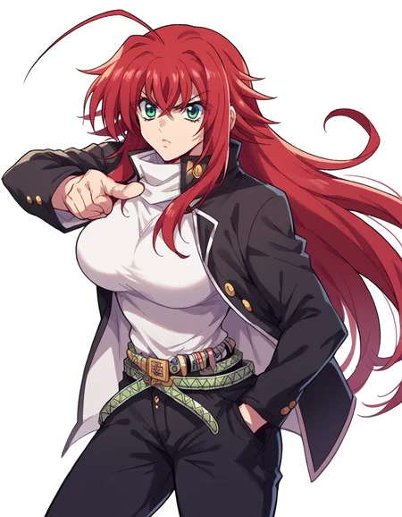 score_9, score_8_up, score_7_up, source_anime, <lora:rias-gremory-ponyxl-lora-nochekaiser:1>, rias gremory, huge ahoge, long hair, hair between eyes, green eyes, red hair, large breasts, <lora:kujo-jotaro-cosplay-ponyxl-lora-nochekaiser:1>, kujo jotaro cosplay, kujo jotaro (cosplay), gakuran, cosplay, belt, black headwear, black jacket, black pants, high collar, multiple belts, pants, shirt,, street, jojo pose, pointing, hand in pocket, cowboy shot, looking at viewer,