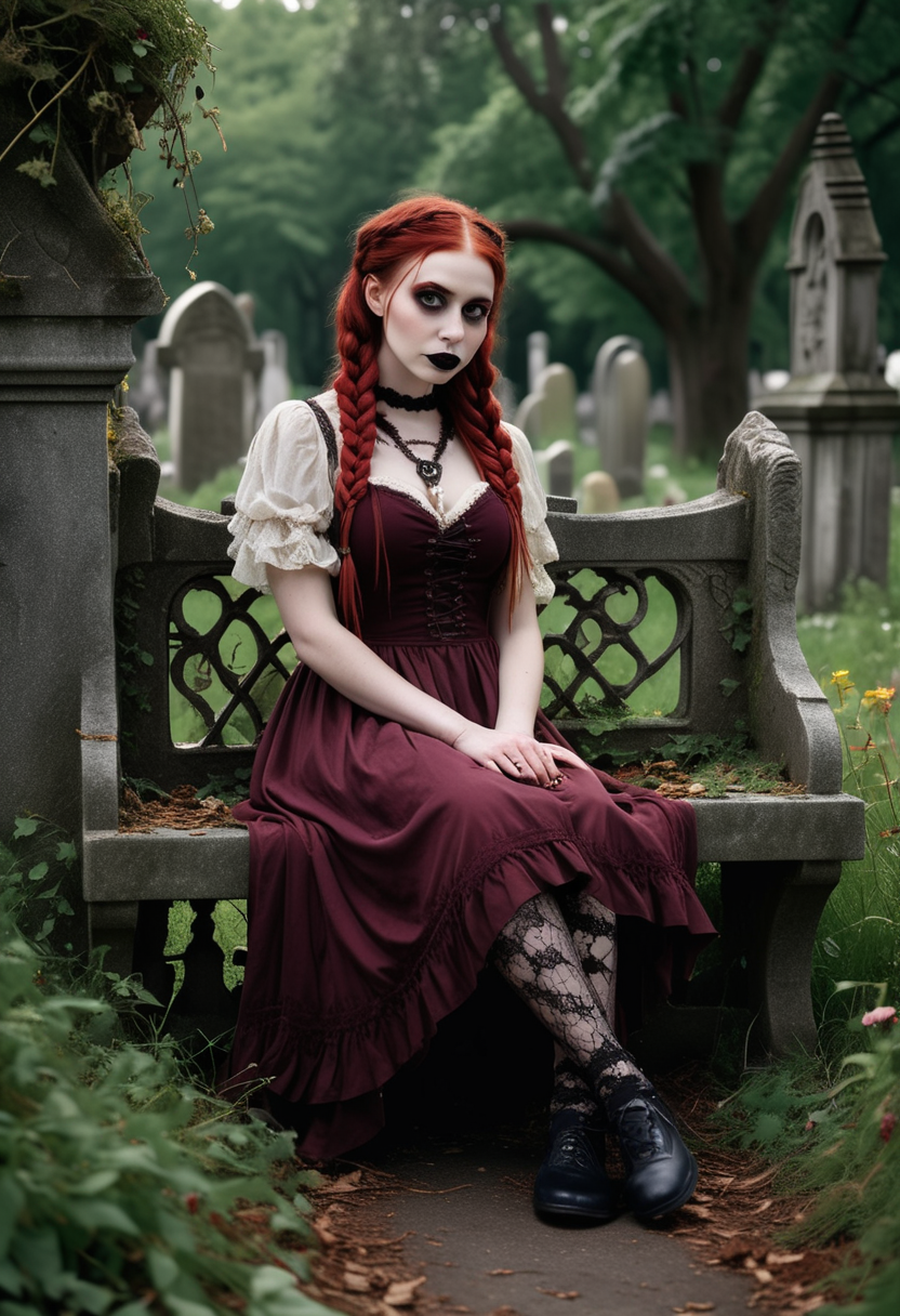 (medium full shot) of (dramatic gothic maiden) young woman, Medium build, long red double braids hair, british, fair skin, brown eyes, wearing a dark Medieval-inspired burgundy halter dress  , lace stockings, ballet flats, Dark burgundy lipstick, lace shawl carrying a studed crossbody bag, set in  ancient cemetery, Forgotten Gravesite, Moss-covered tombstones tilted at odd angles, wildflowers peeking through the tangled grass, a rusted wrought iron bench overgrown with vines, the distant hoot of an owl echoing through the silent air , at night, woman smiling, ,Masterpiece,best quality, raw photo, realistic, very aesthetic