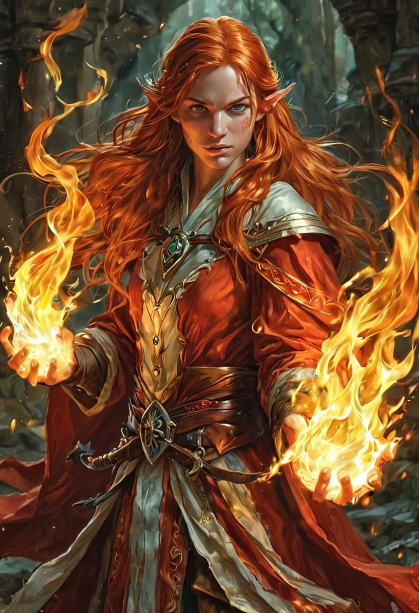 Full body shot of elf fire mage, elf ears, gorgeous, cute, fantasy, long fiery red hair with middle parted, red and orange mage robes, large white eyes, face focus, smiling, confident, casting fire spell, subject framed by fire, masterful painting in the style of Anders Zorn | Marco Mazzoni | Yuri Ivanovich, Todd McFarlane, oil on canvas, BadDream
