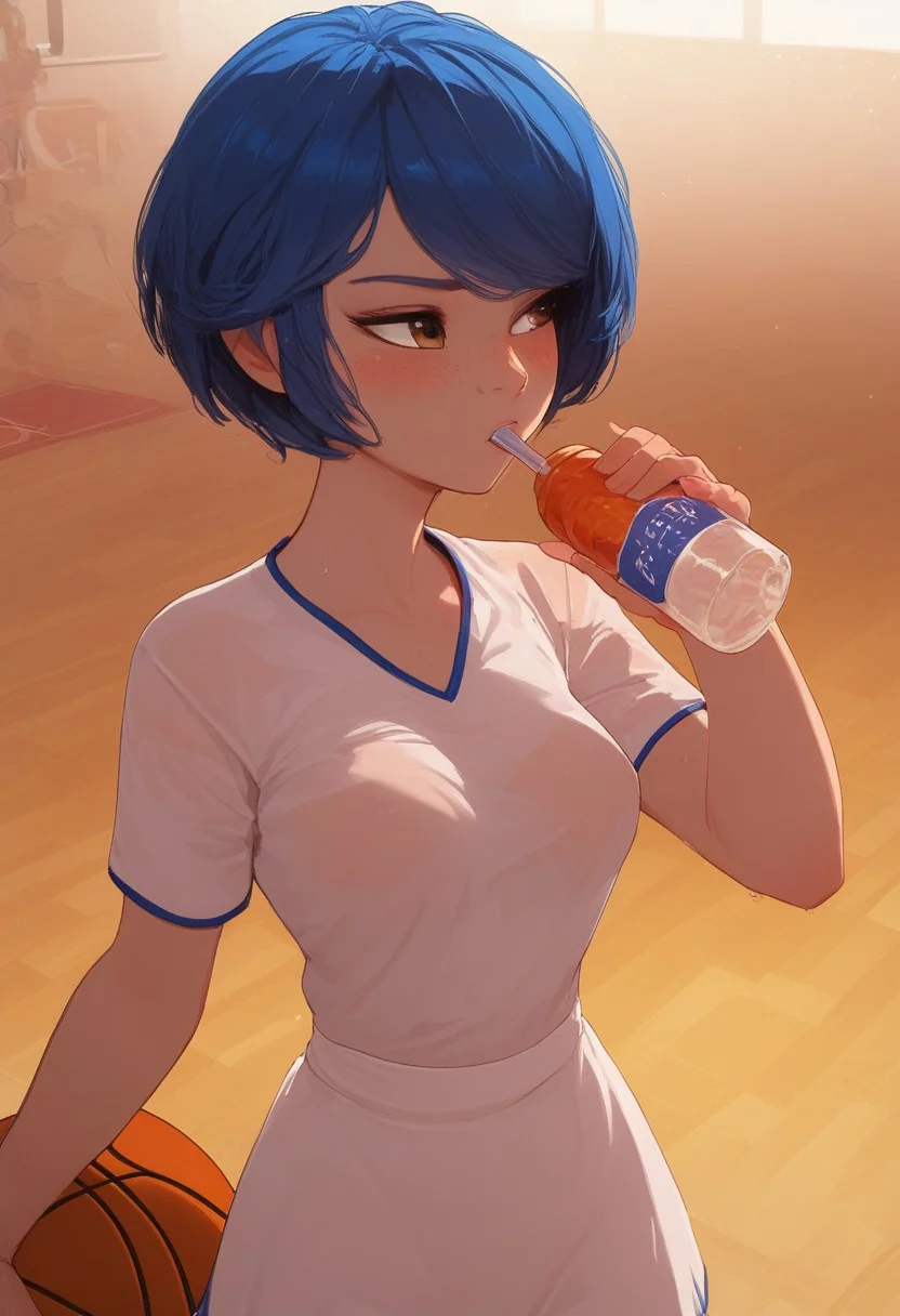 score_9, score_8_up, score_8, 1girl, cinematic lighting, atmospherics, beautiful lighting, godrays, solo, pale skin, full body shot,
medium breasts, saggy breasts, cute colorful,
imtdtsukag, short hair, brown eyes, blue hair, swept bangs, bob cut, light freckles,
1girl, solo,drinking water, water bottle, see-through basketball uniform, holding basketball,blush,
looking away, sweat,basketball court, indoors, dutch angle,
,masterpiece,best quality,amazing quality,