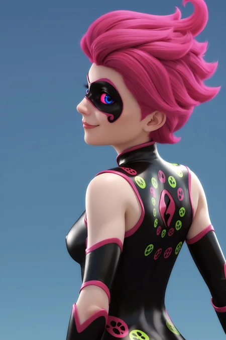 score_9, score_8_up, score_7_up, masterpiece, detailed, 4k, high quality, best quality, imtdmiraculer, 1girl, beatiful girl, bodysuit, pink hair, domino mask, blue eyes, colored sclera, pink sclera, skin tight, mask, elbow gloves, sleeveless, short hair, makeup, wide hips, no bra, from behind, looking at viewer, ass focus, smile, closed mouth, close up

